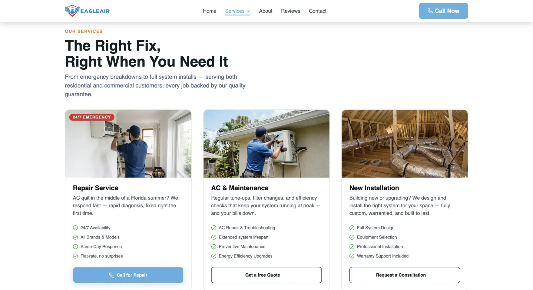 Eagle Air HVAC services section on desktop