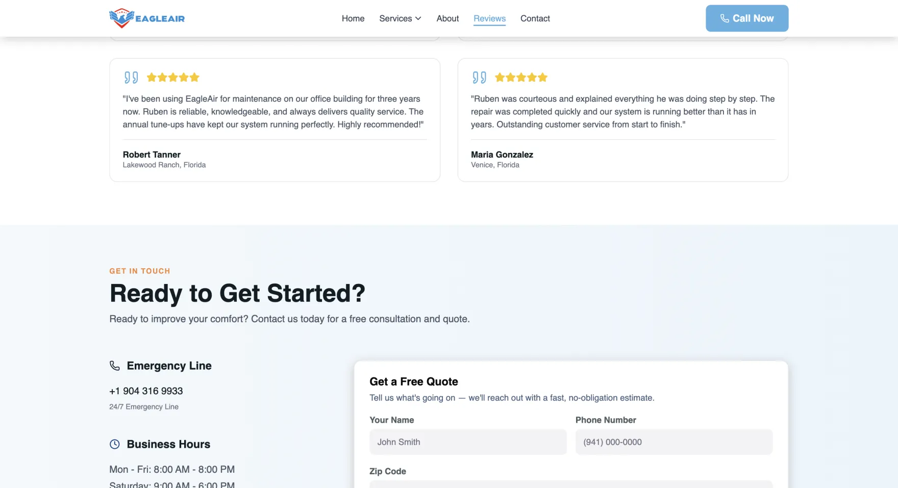 Eagle Air HVAC reviews and contact section on desktop