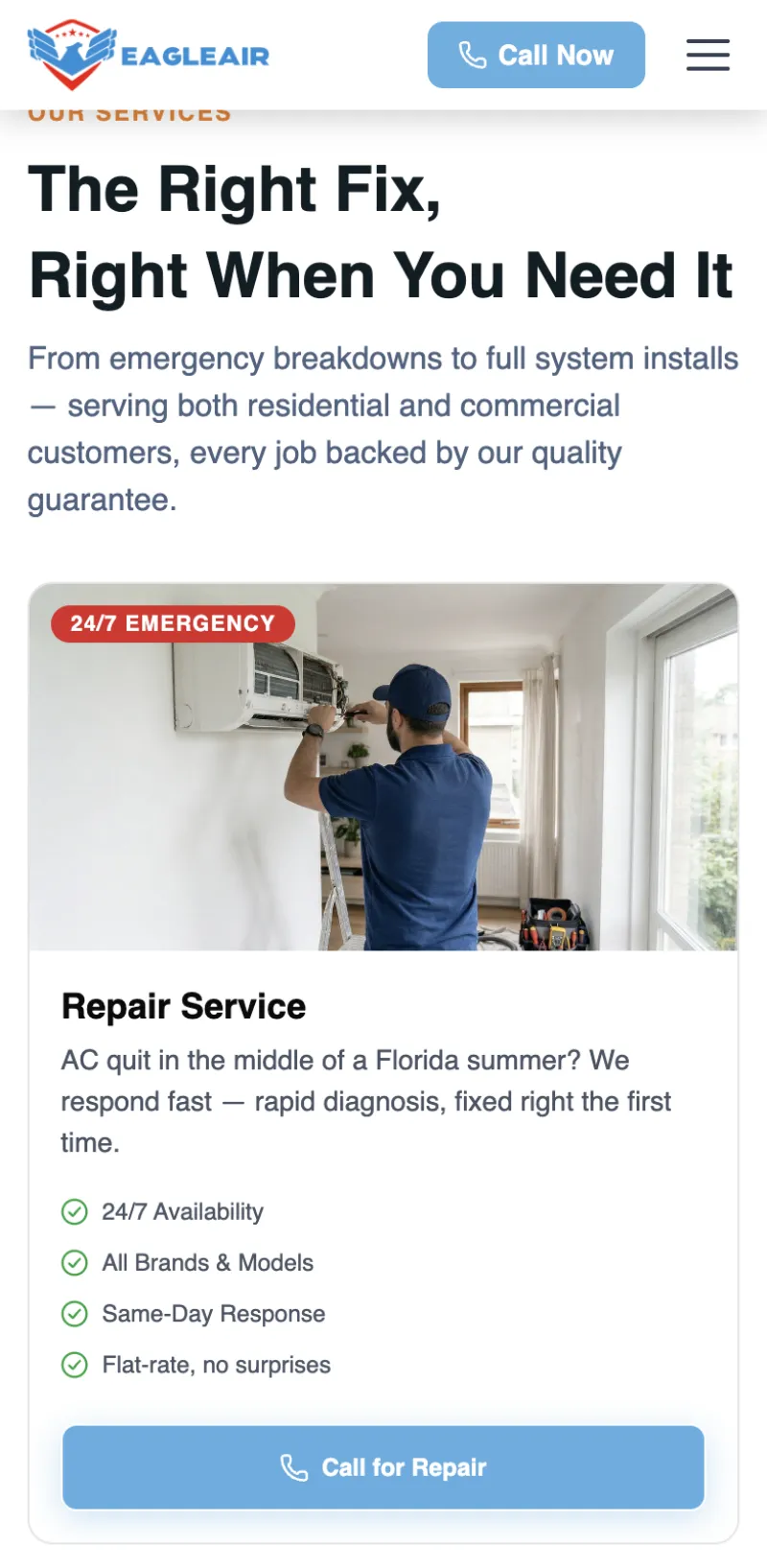 Eagle Air HVAC homepage on a phone