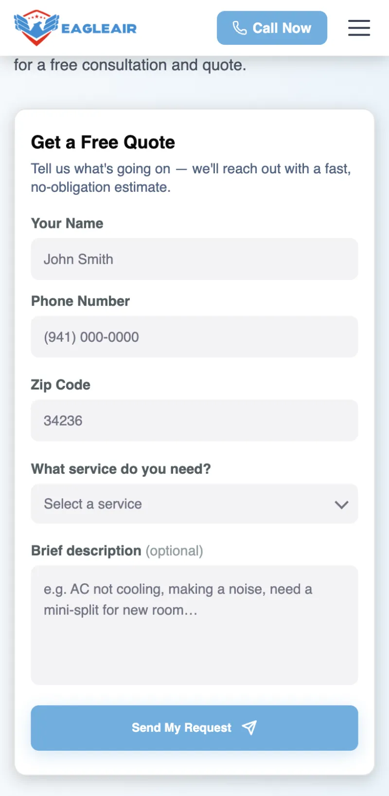 Eagle Air HVAC booking step on a phone