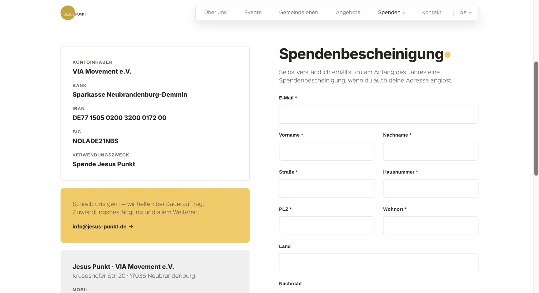 Spendenseite mit Bankverbindung und Formular für die Spendenbescheinigung
