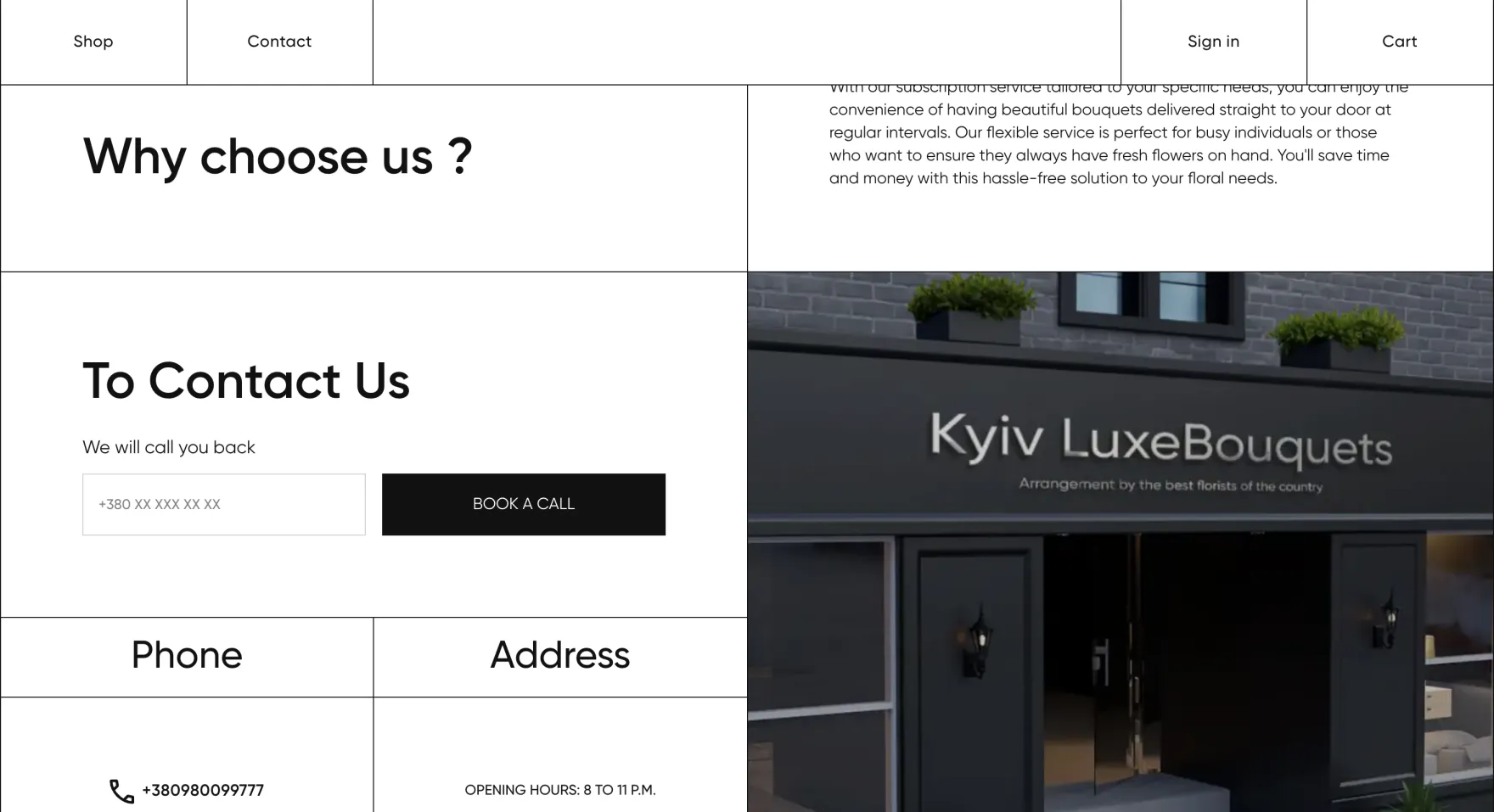 Luxe Bouquets shop layout on desktop