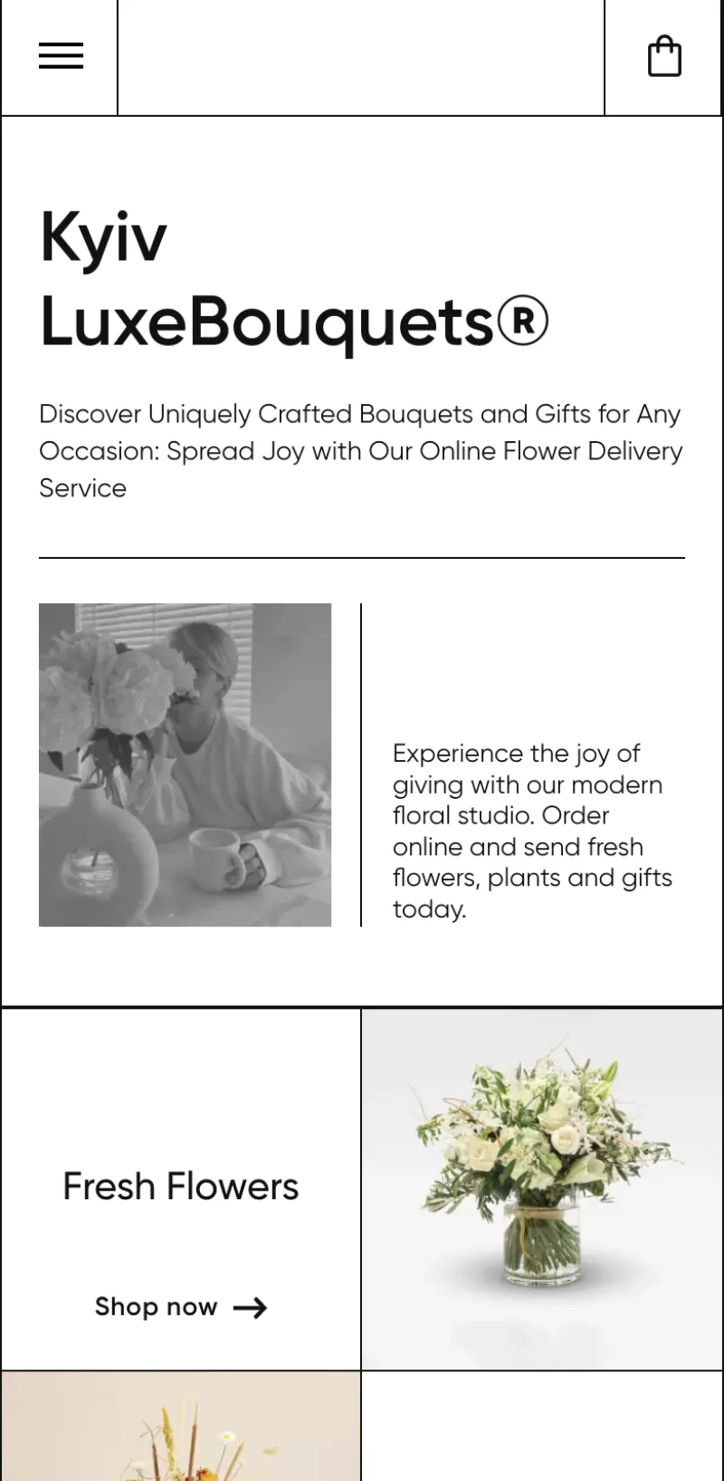 Luxe Bouquets homepage on a phone