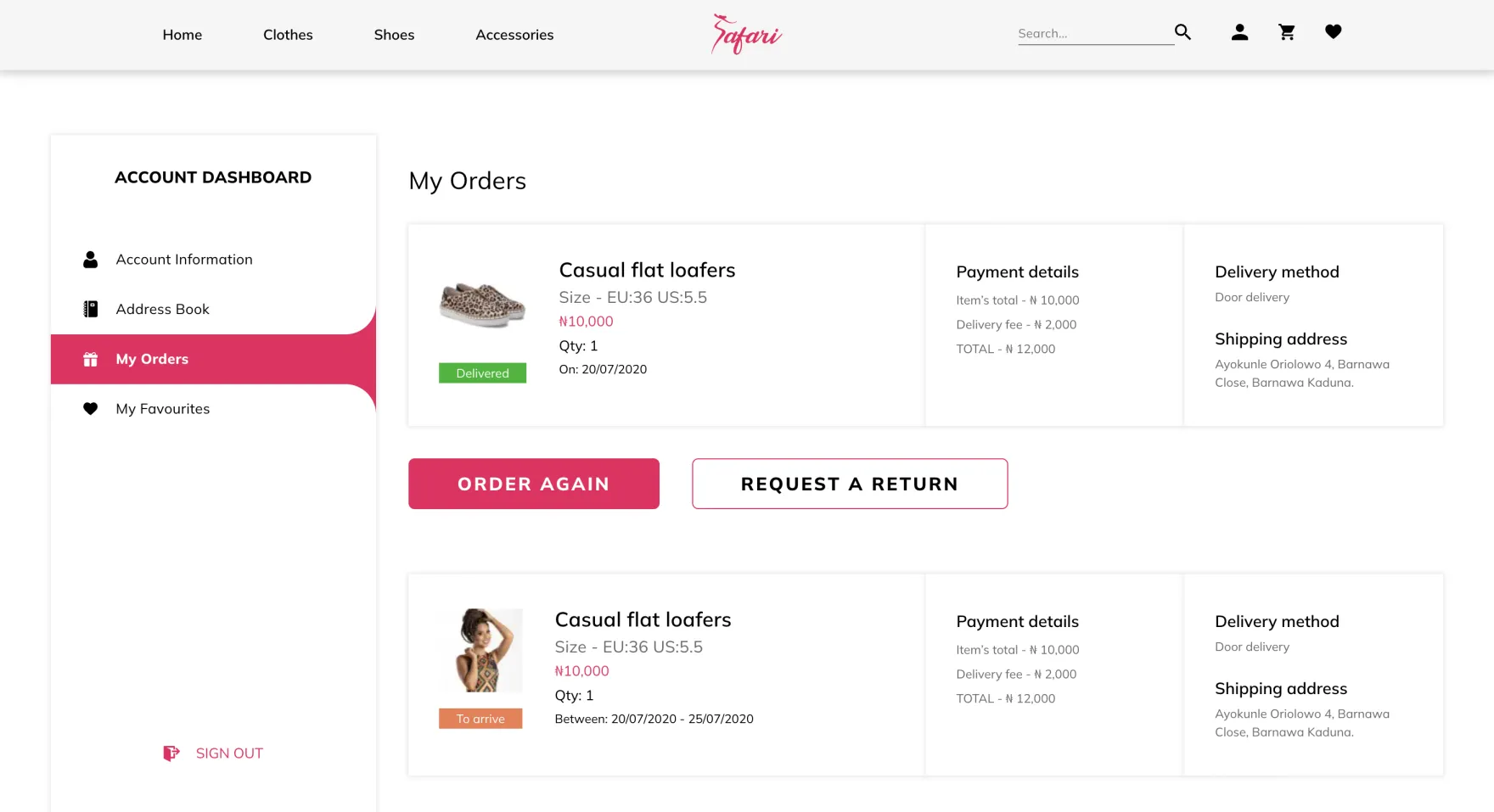 Safari clothing collection page on desktop